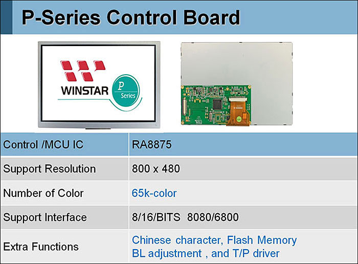 Серия P TFT-дисплеев от Winstar полностю идентична Серии Q. Отличие в унификации для применения с контроллерами RA8875